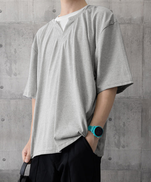 半袖Tシャツ メンズ 重ね着風カットソー スキッパーTシャツ クルーネック夏服 カジュアル 無地tシャツ 夏t レイヤード風プルオーバー おしゃれサマーtシャツ黒 87MP-005